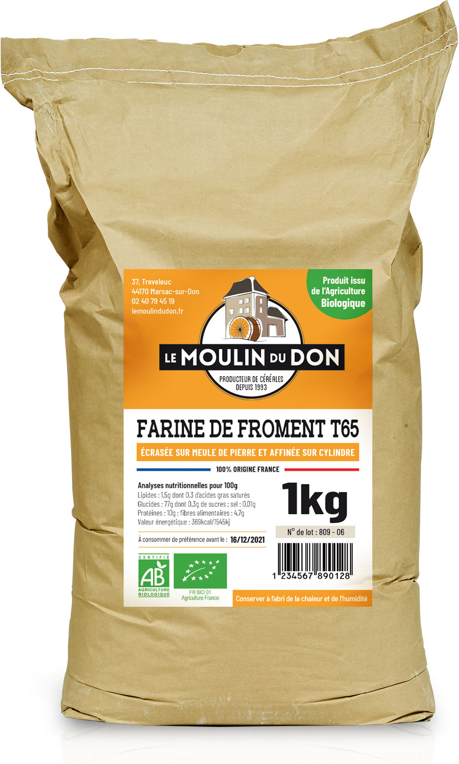 Farine de blé T65 vrac 5 kg Bio, locale, moulue à la meule de pierre